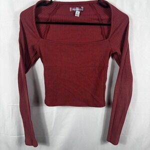 Urban Outfitters Orla Square Neck Long Sleeve Ribbed Knit Crop Top In Rust